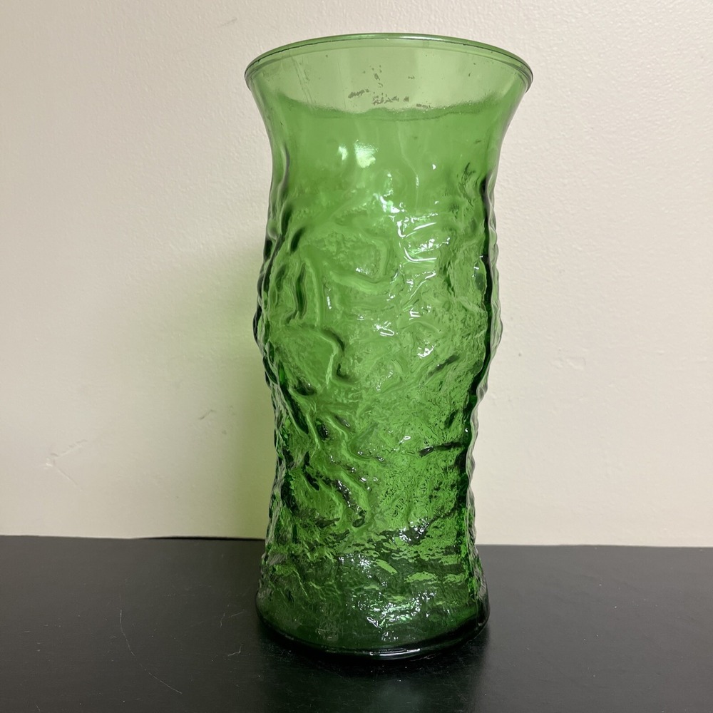 E O  Brody Olive Green Glass Vase Crinkle Texture Vtg Cleveland USA 9.25" Tall